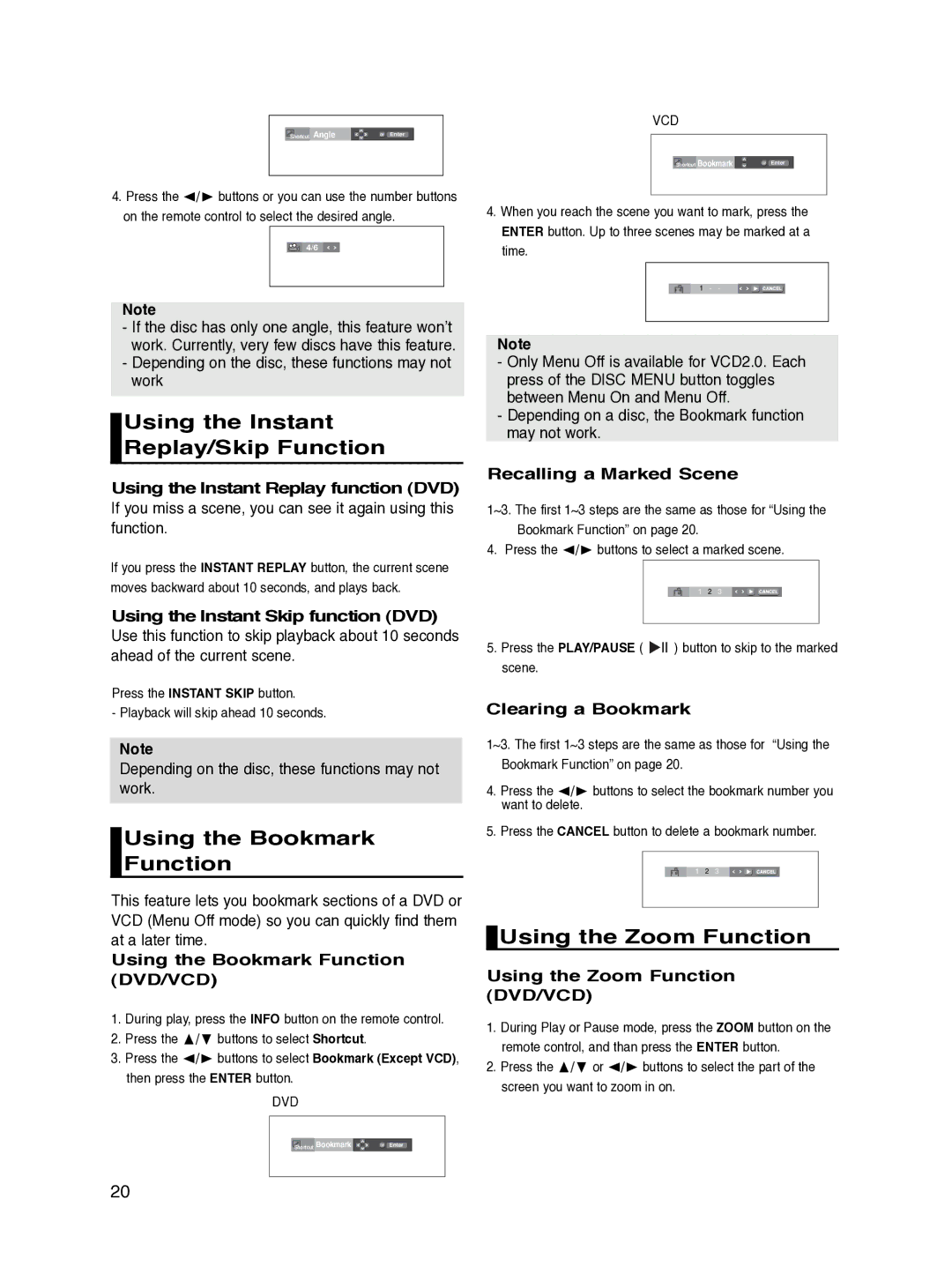 Samsung DVD-P270K/XSV manual Using the Instant Replay/Skip Function, Using the Bookmark Function, Using the Zoom Function 