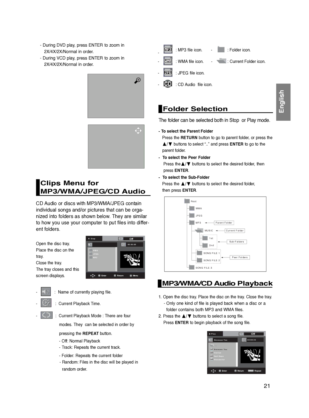 Samsung DVD-P270K/XSV manual Clips Menu for MP3/WMA/JPEG/CD Audio, Folder Selection, MP3/WMA/CD Audio Playback 