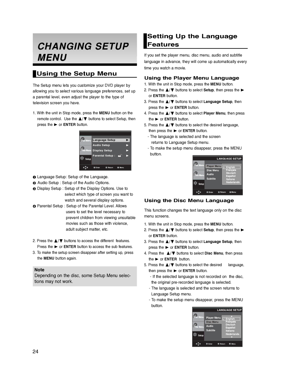 Samsung DVD-P270K/XSV manual Changing Setup Menu, Using the Setup Menu, Setting Up the Language Features 