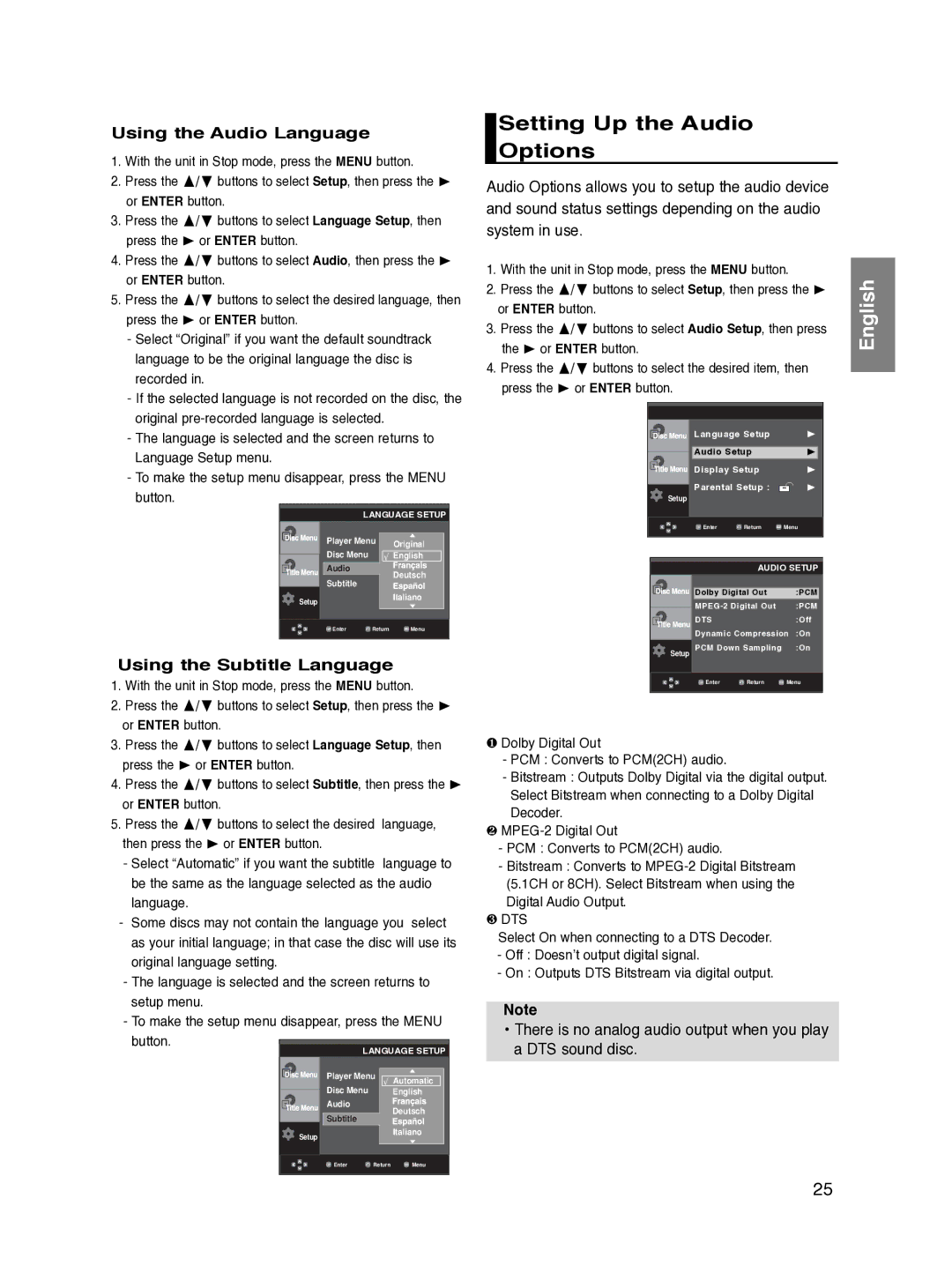 Samsung DVD-P270K/XSV manual Setting Up the Audio Options, Using the Audio Language, Using the Subtitle Language 