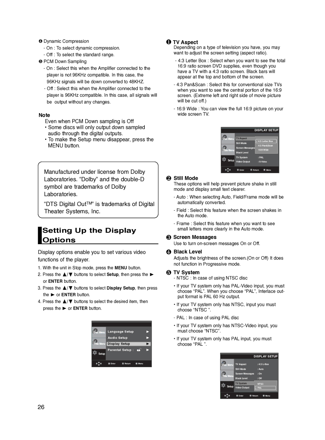 Samsung DVD-P270K/XSV manual Setting Up the Display Options 