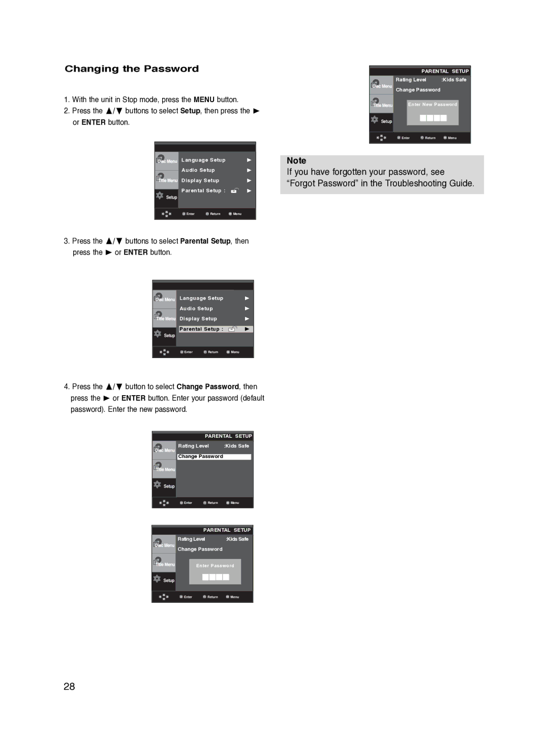 Samsung DVD-P270K/XSV Changing the Password, Buttons to select Parental Setup, then, Password. Enter the new password 