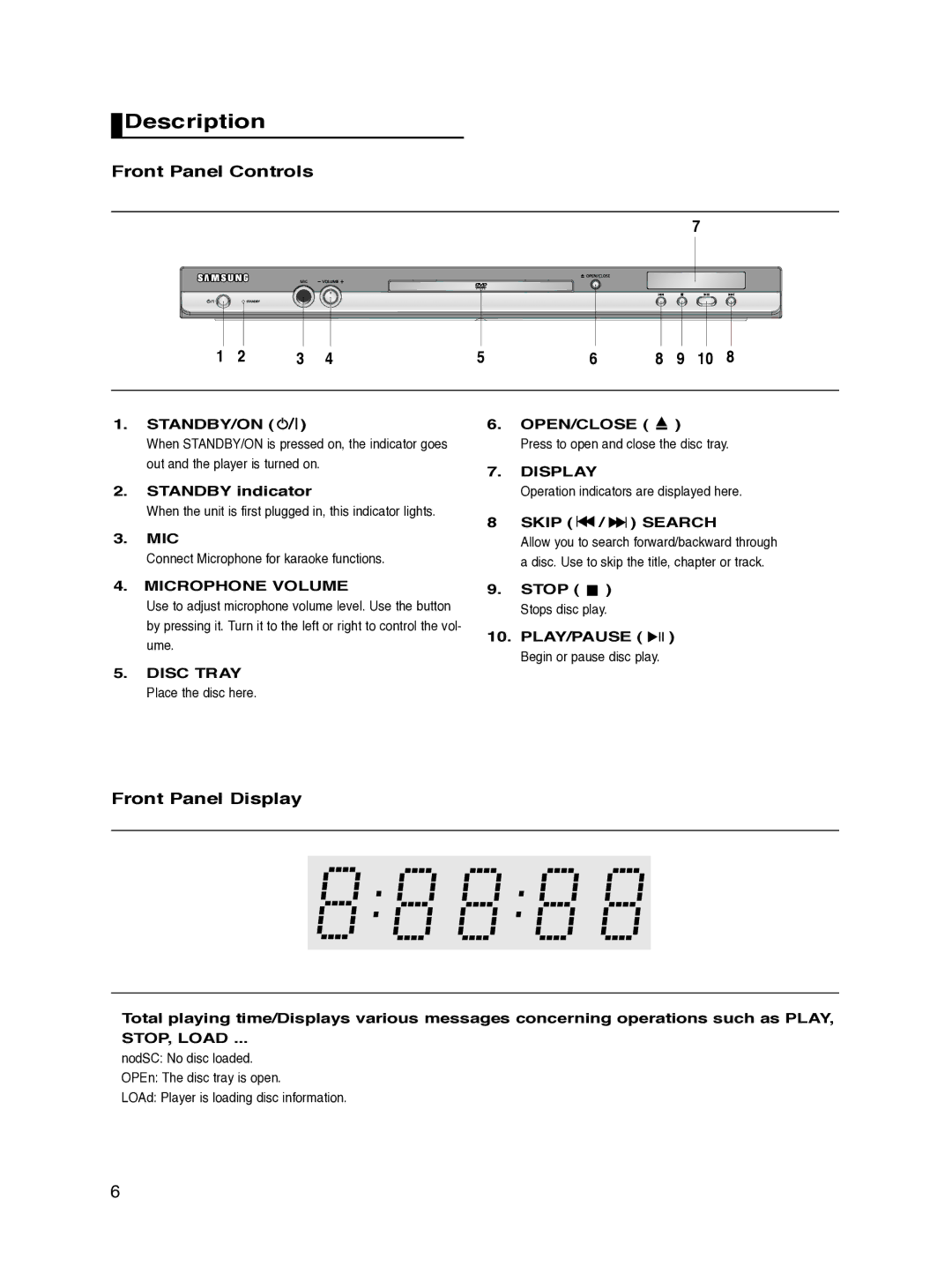 Samsung DVD-P270K/XSV manual Description, Front Panel Controls, Front Panel Display 