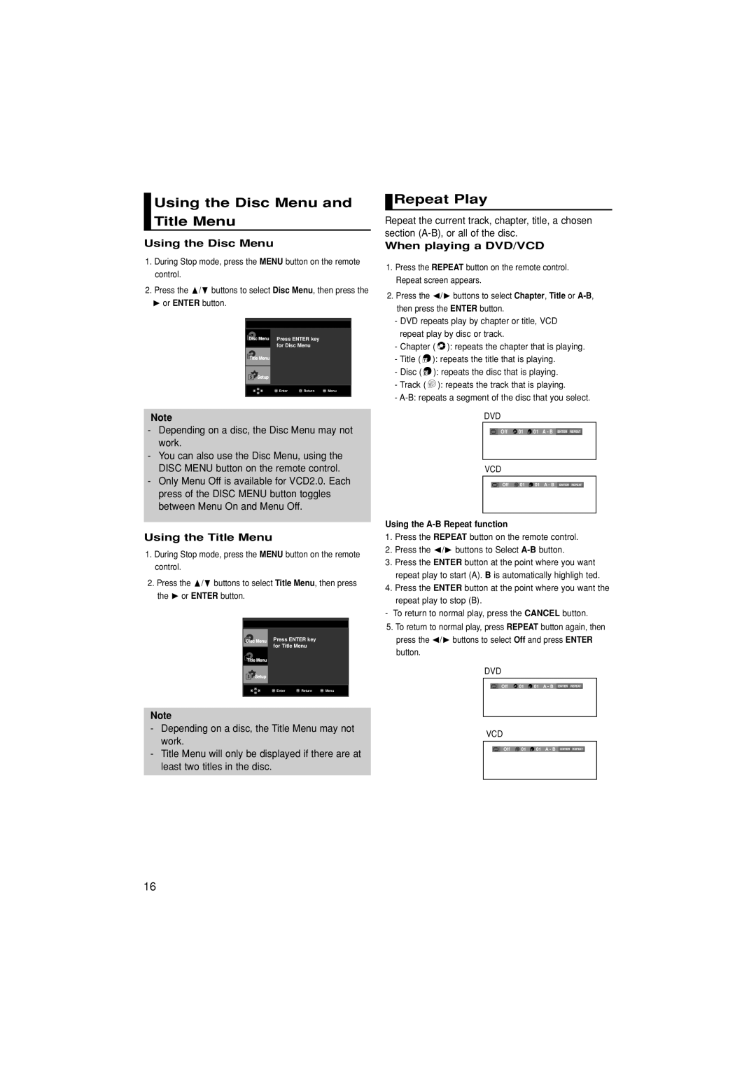 Samsung DVD-P280K manual Using the Disc Menu Title Menu, Repeat Play, Using the Title Menu, Using the A-B Repeat function 