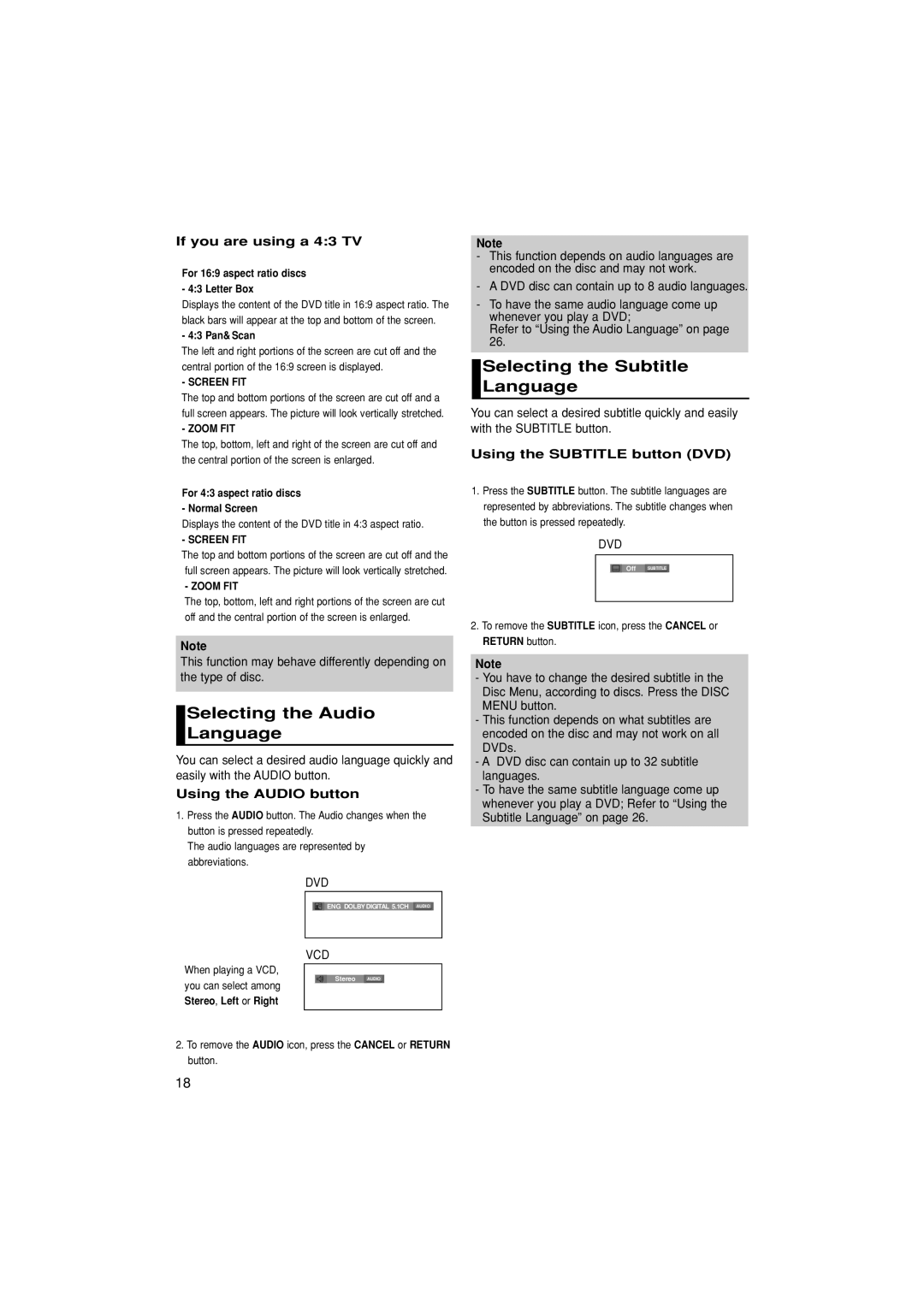 Samsung DVD-P280K manual Selecting the Audio Language, Selecting the Subtitle Language, If you are using a 43 TV 