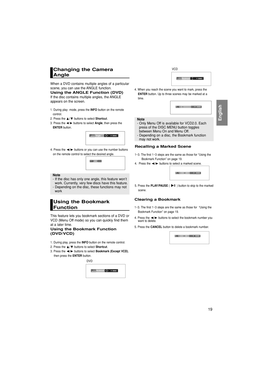 Samsung DVD-P280K manual Changing the Camera Angle, Using the Bookmark Function 