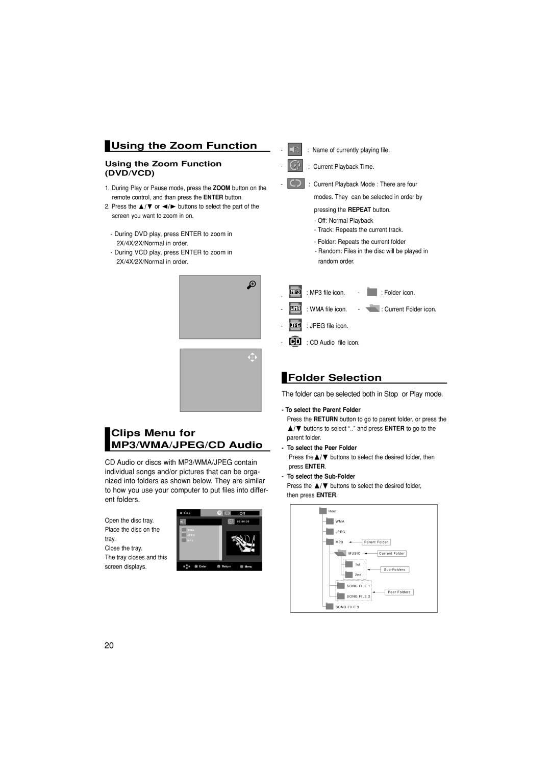 Samsung DVD-P280K manual Using the Zoom Function, Clips Menu for MP3/WMA/JPEG/CD Audio, Folder Selection 