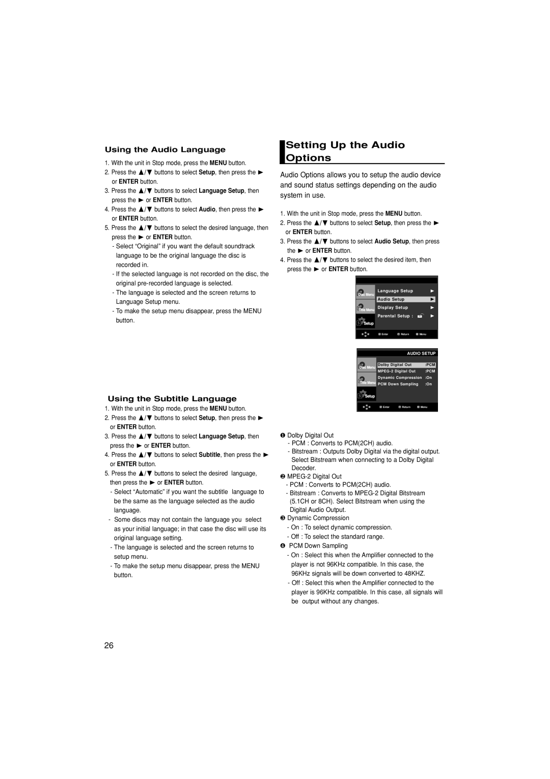 Samsung DVD-P280K manual Setting Up the Audio Options, Using the Audio Language, Using the Subtitle Language 