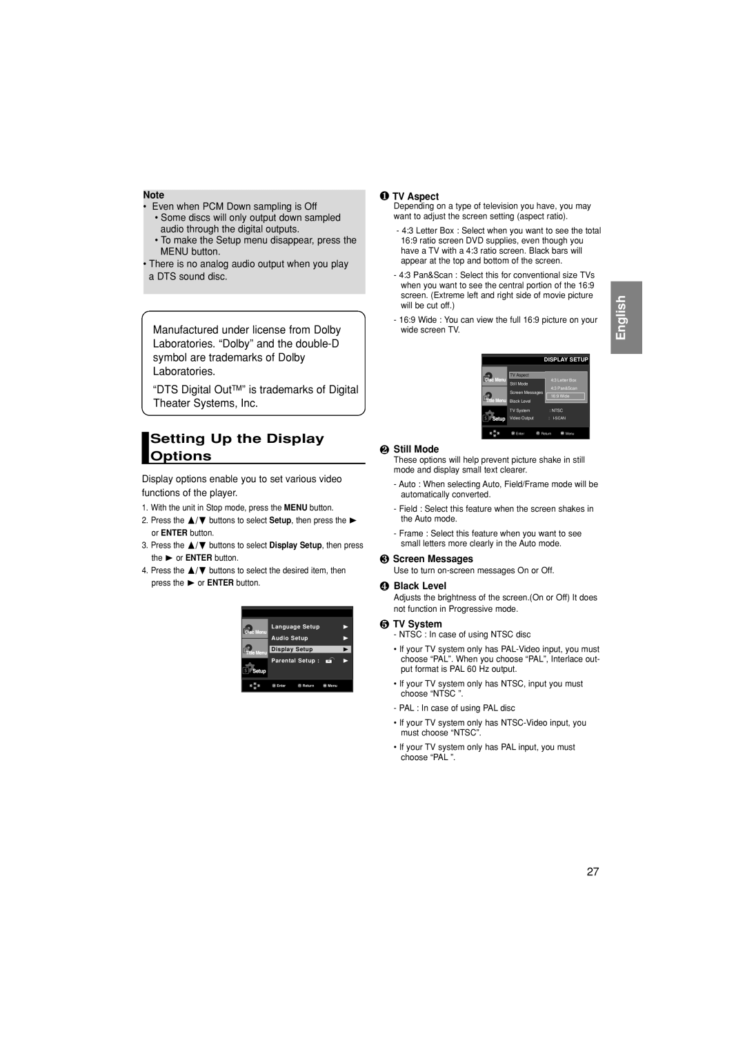 Samsung DVD-P280K manual Setting Up the Display Options 