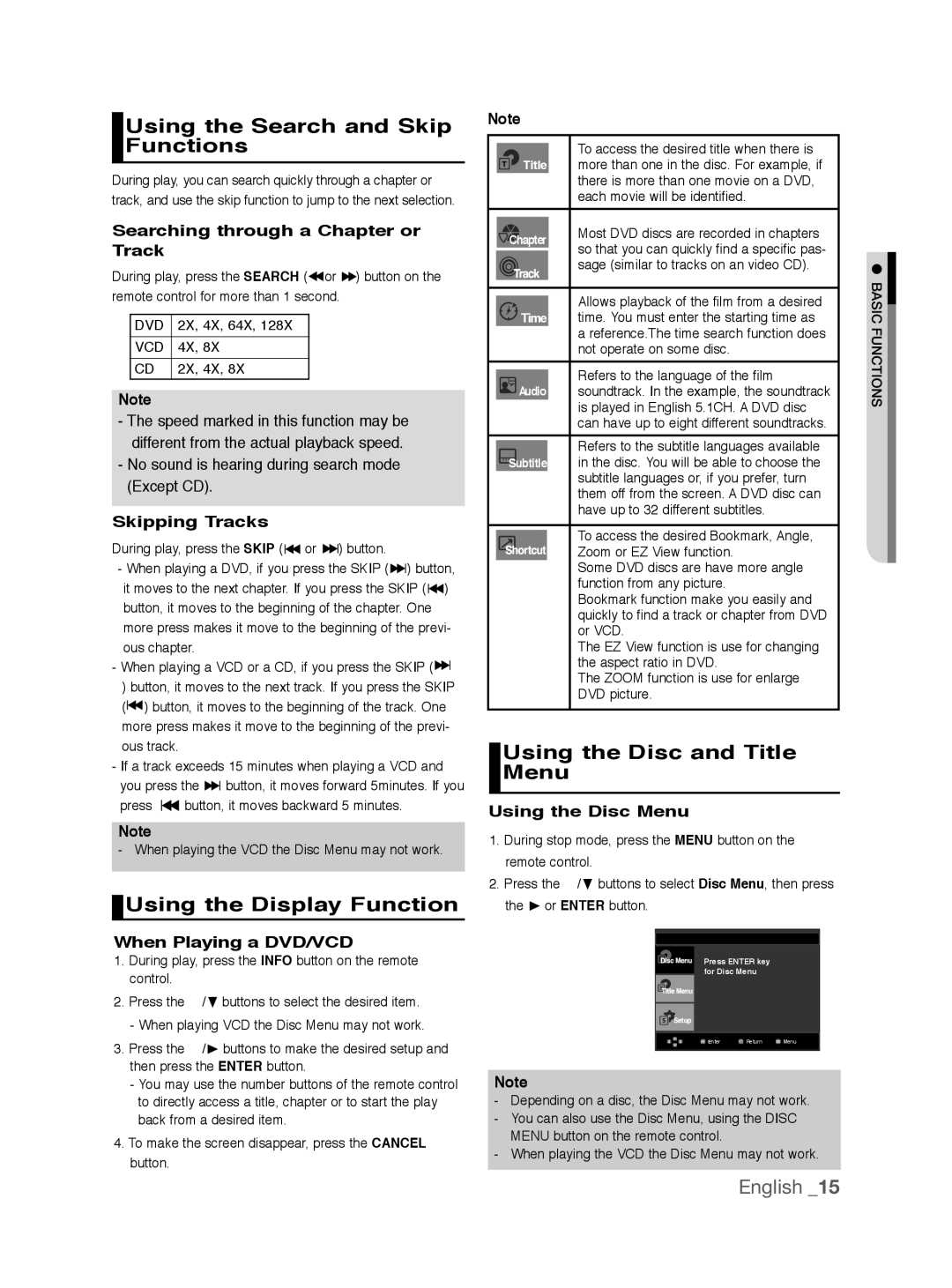 Samsung DVD-P290K/SAM manual Using the Search and Skip Functions, Using the Display Function, Using the Disc and Title Menu 