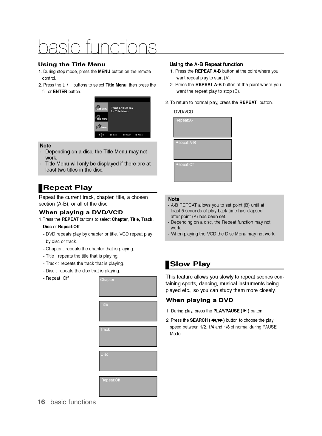 Samsung DVD-P290K/MEA Repeat Play, Slow Play, Using the Title Menu, Using the A-B Repeat function, When playing a DVD 