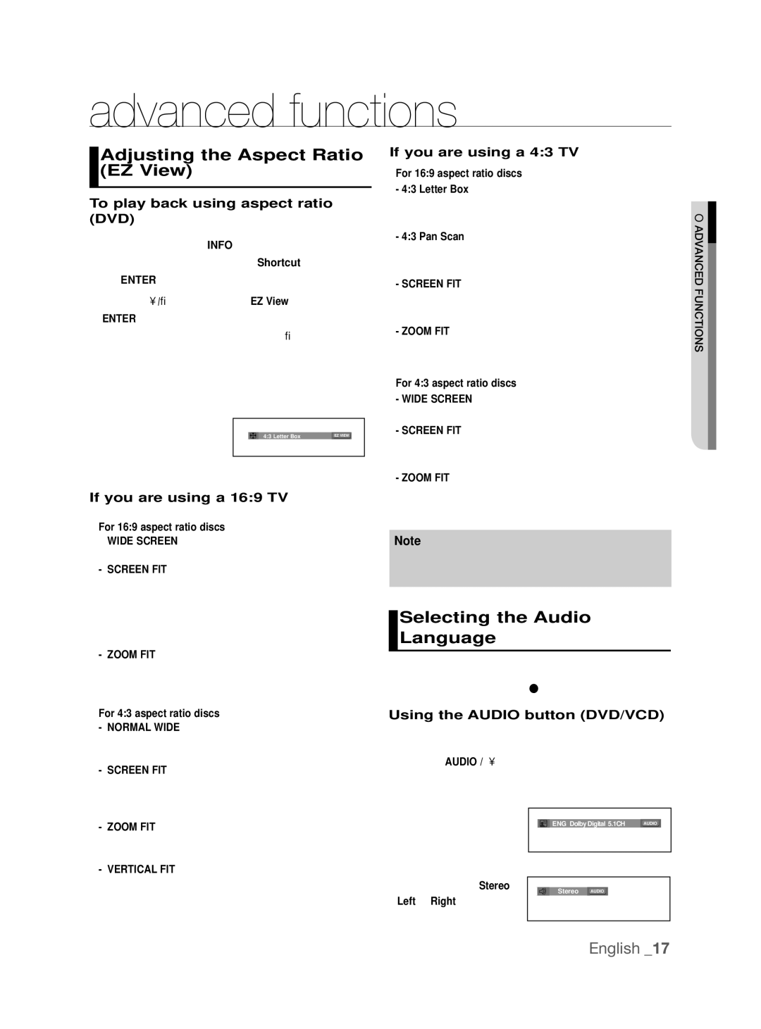 Samsung DVD-P290K/SAM, DVD-P290K/MEA Advanced functions, Adjusting the Aspect Ratio EZ View, Selecting the Audio Language 