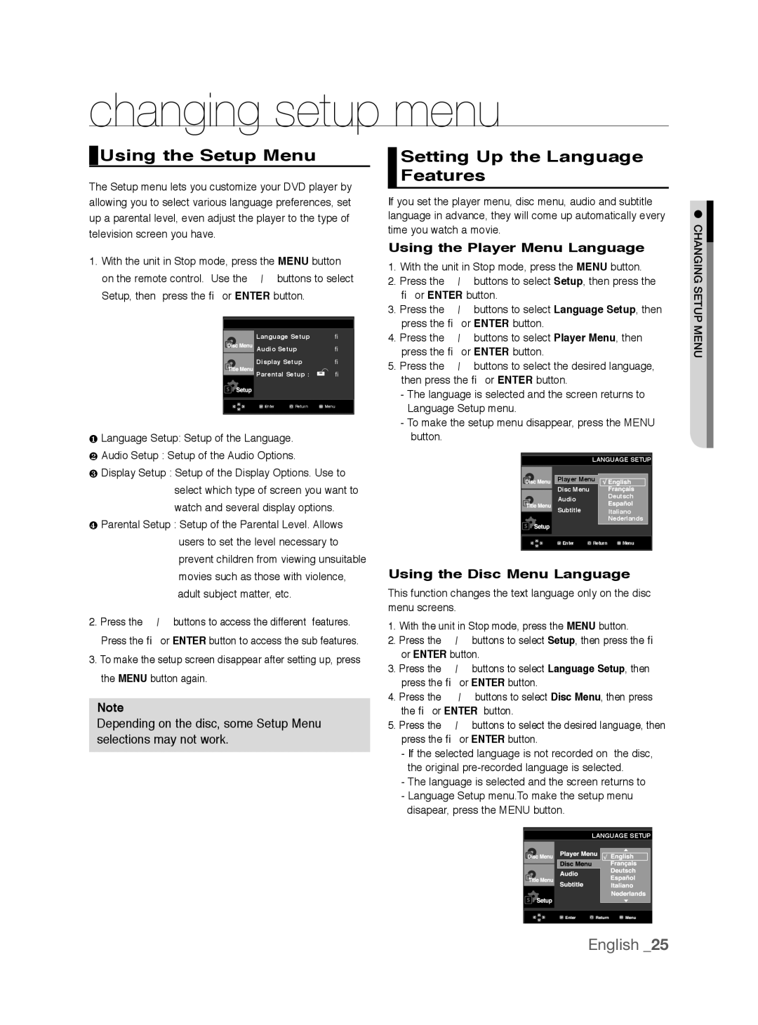 Samsung DVD-P290K/SAM, DVD-P290K/MEA manual Changing setup menu, Using the Setup Menu, Setting Up the Language Features 