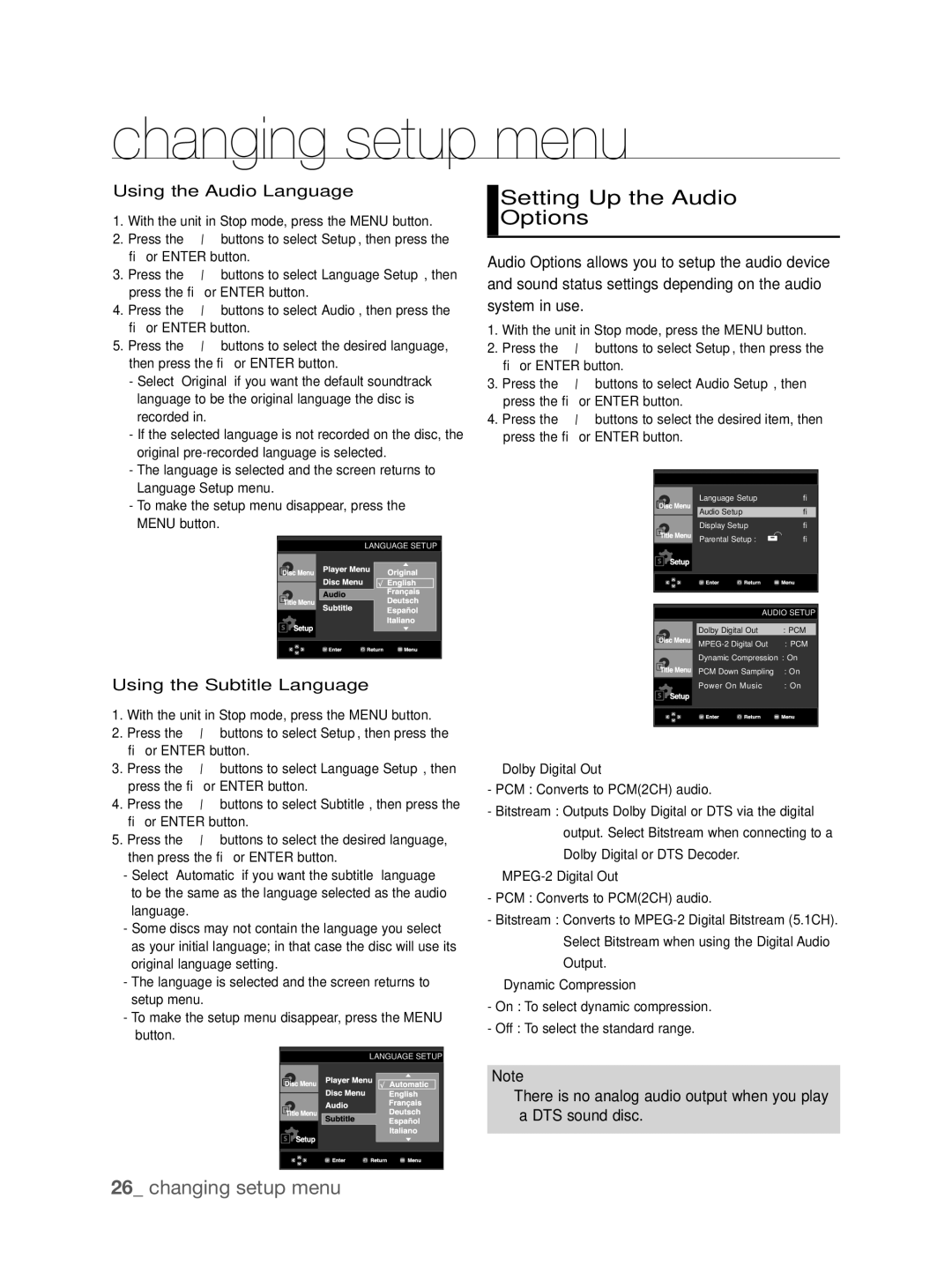 Samsung DVD-P290K/MEA, DVD-P290K/SAM manual Setting Up the Audio, Options, Using the Audio Language 