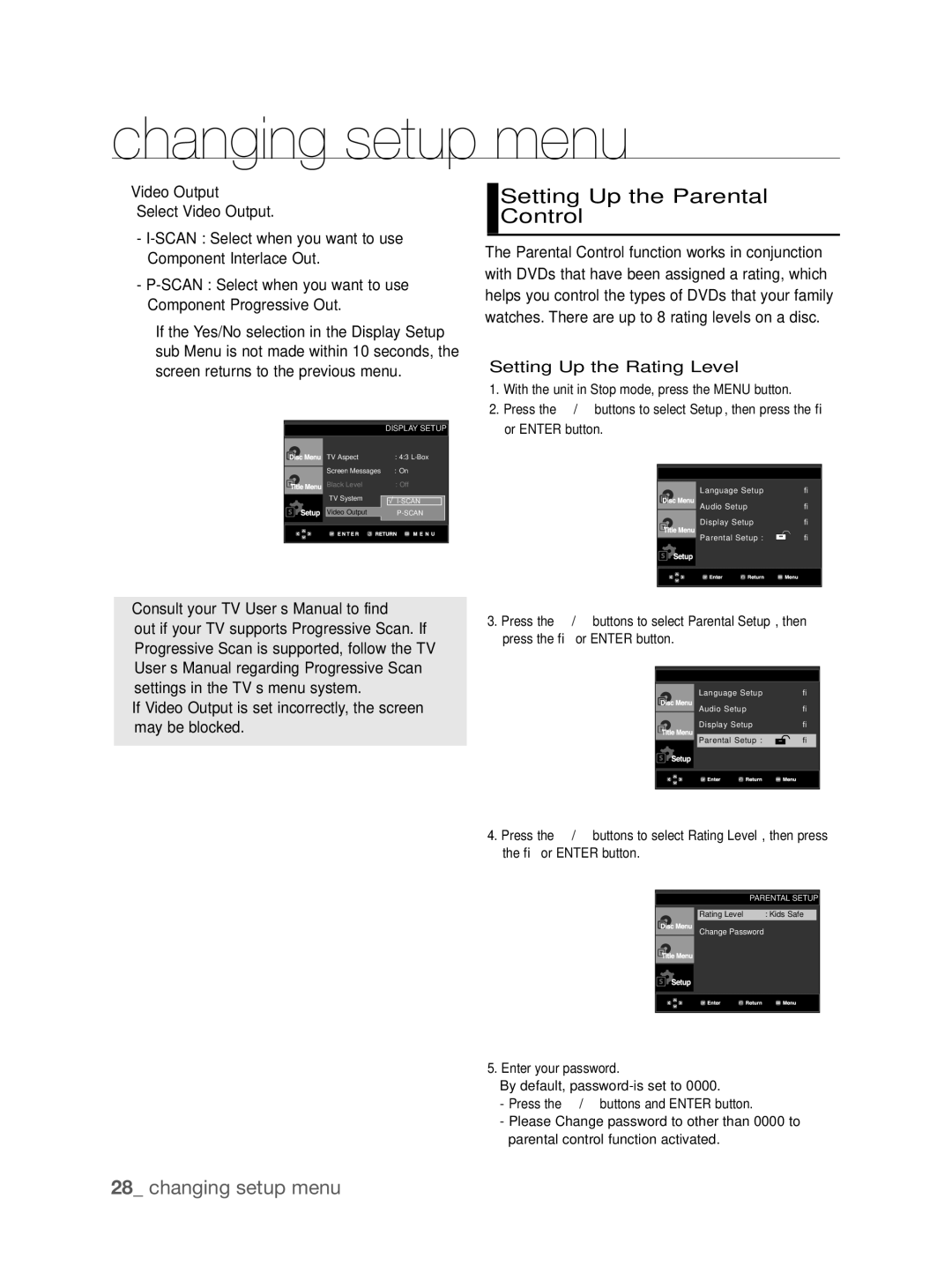Samsung DVD-P290K/MEA, DVD-P290K/SAM manual Setting Up the Parental Control, ❺ Video Output, Setting Up the Rating Level 