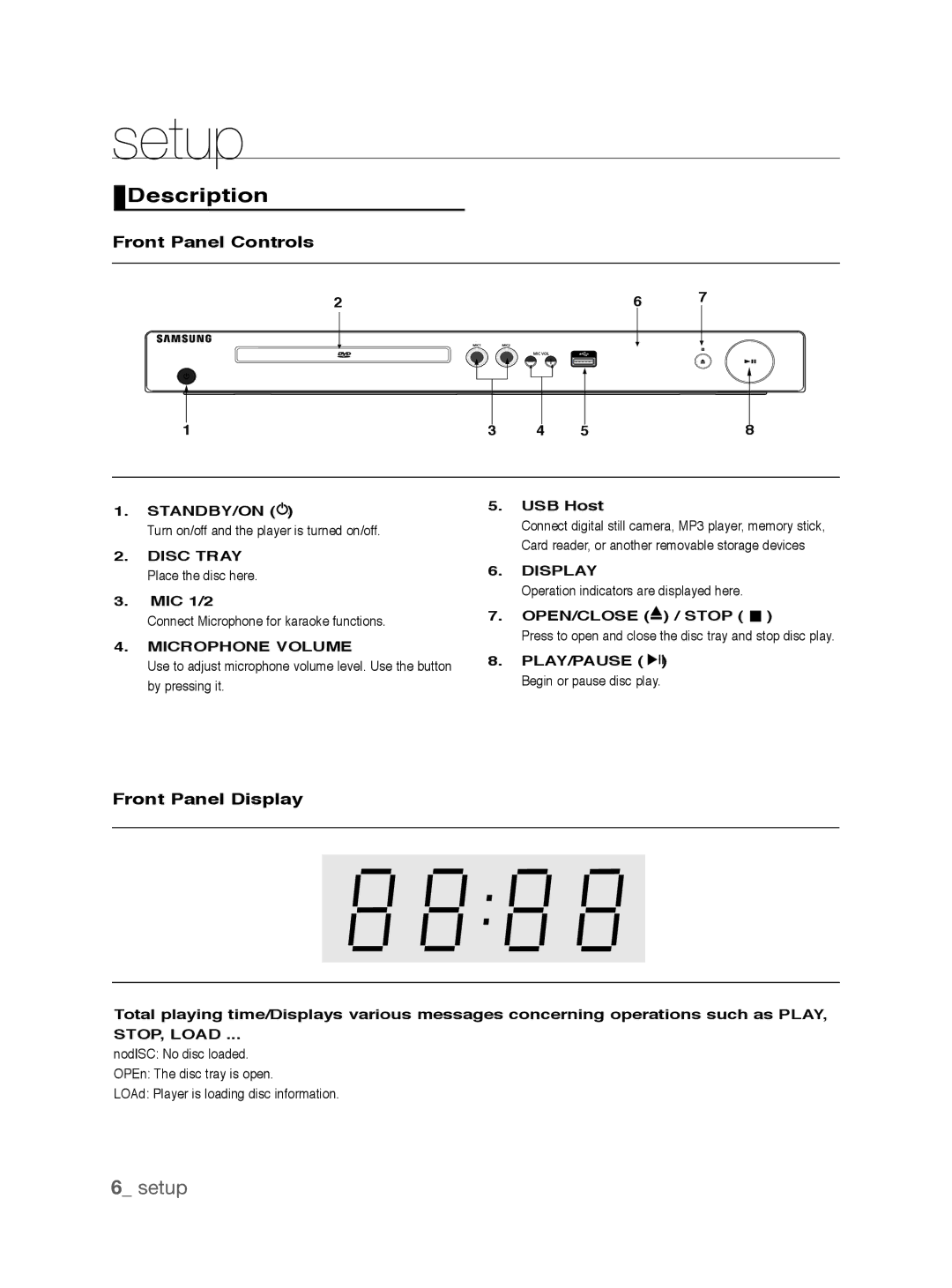 Samsung DVD-P290K/MEA, DVD-P290K/SAM manual Description, Front Panel Controls, Front Panel Display 