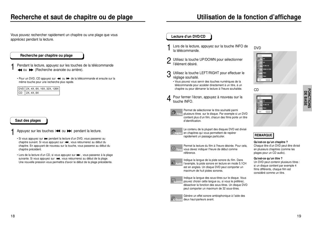 Samsung DVD-P331, DVD-P231 manual Recherche par chapitre ou plage, Saut des plages Lecture d’un DVD/CD, Fonctions DE Base 