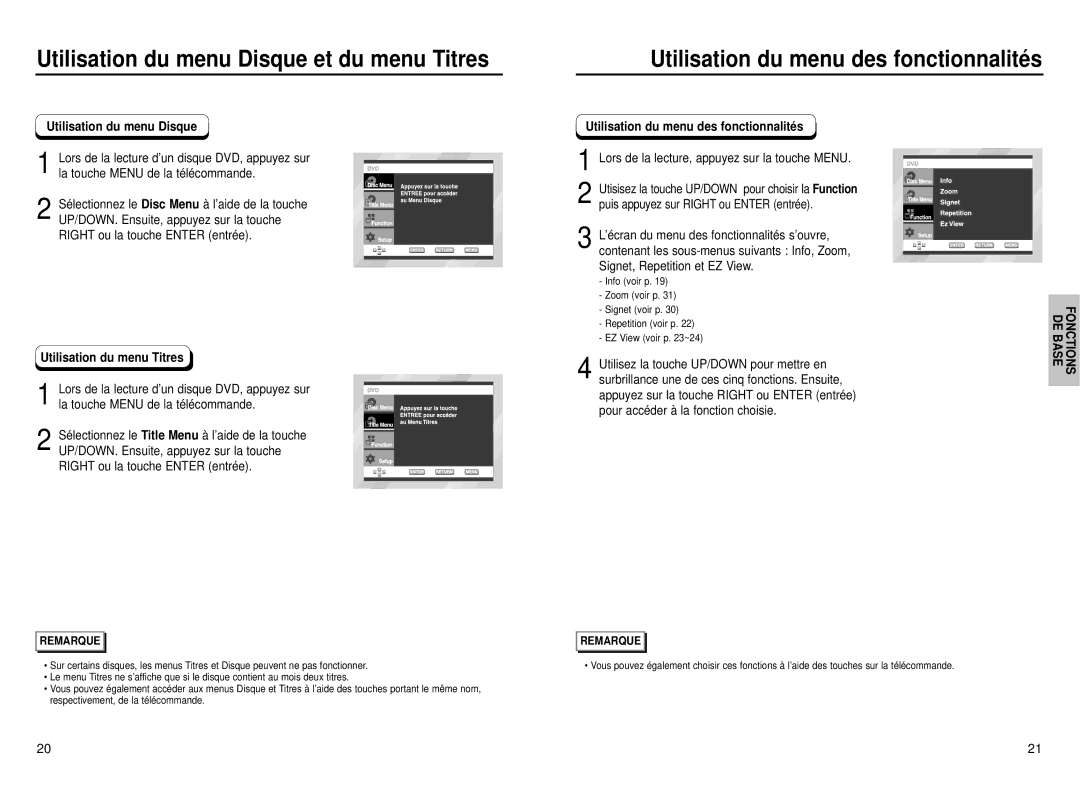 Samsung DVD-P231, DVD-P331 manual Utilisation du menu Disque et du menu Titres, Utilisation du menu des fonctionnalité s 