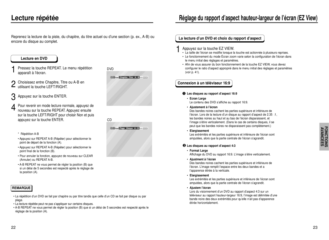 Samsung DVD-P331, DVD-P231 manual Lecture ré pé té e, Lecture en DVD, La lecture d’un DVD et choix du rapport d’aspect 