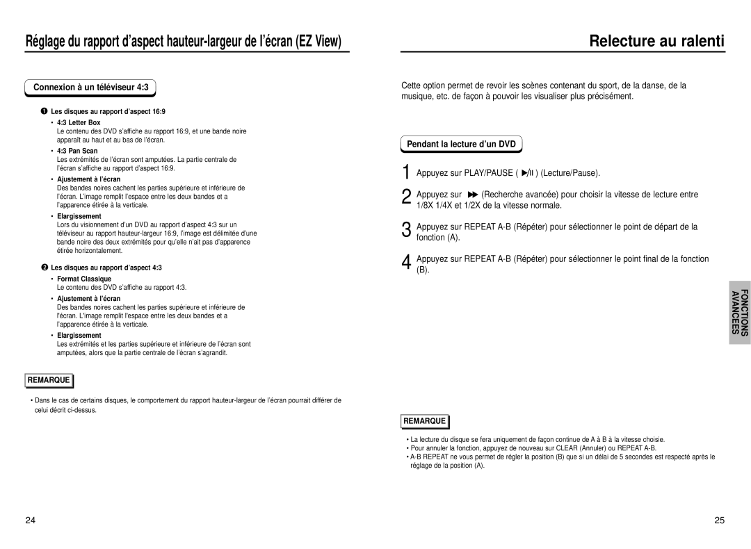 Samsung DVD-P231, DVD-P331 manual Relecture au ralenti, Pendant la lecture d’un DVD, Appuyez sur PLAY/PAUSE Lecture/Pause 