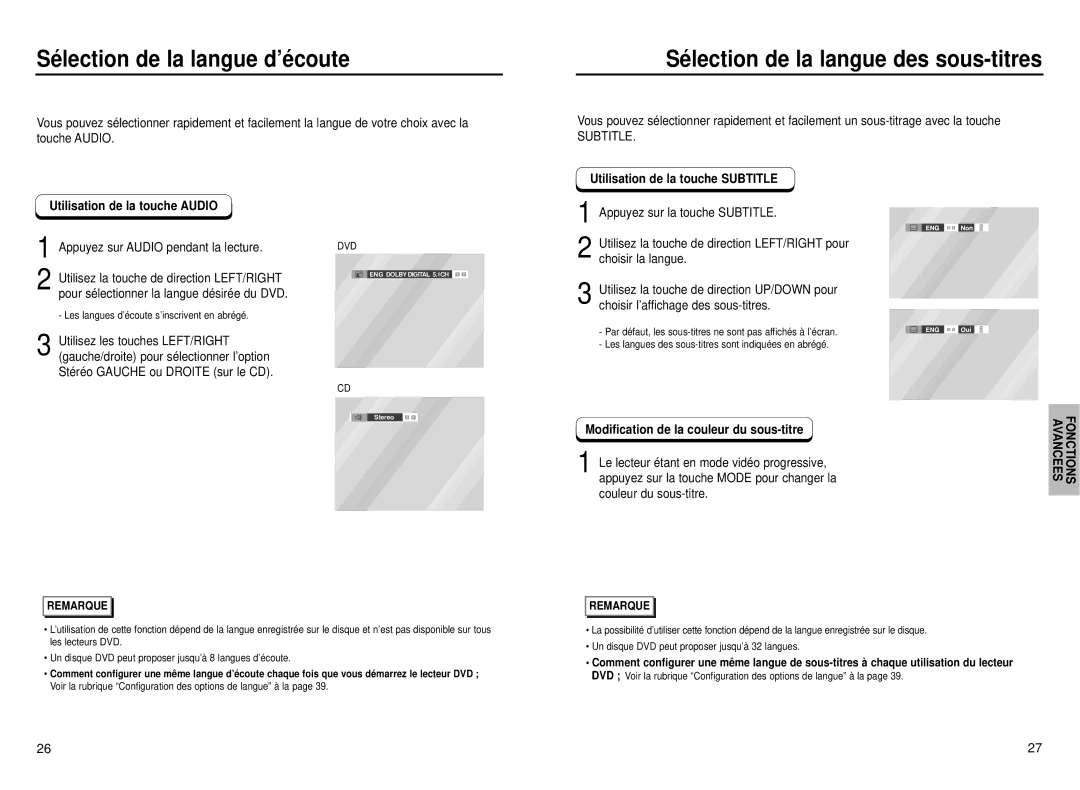 Samsung DVD-P331, DVD-P231 manual Sé lection de la langue d’é coute, Sé lection de la langue des sous-titres 