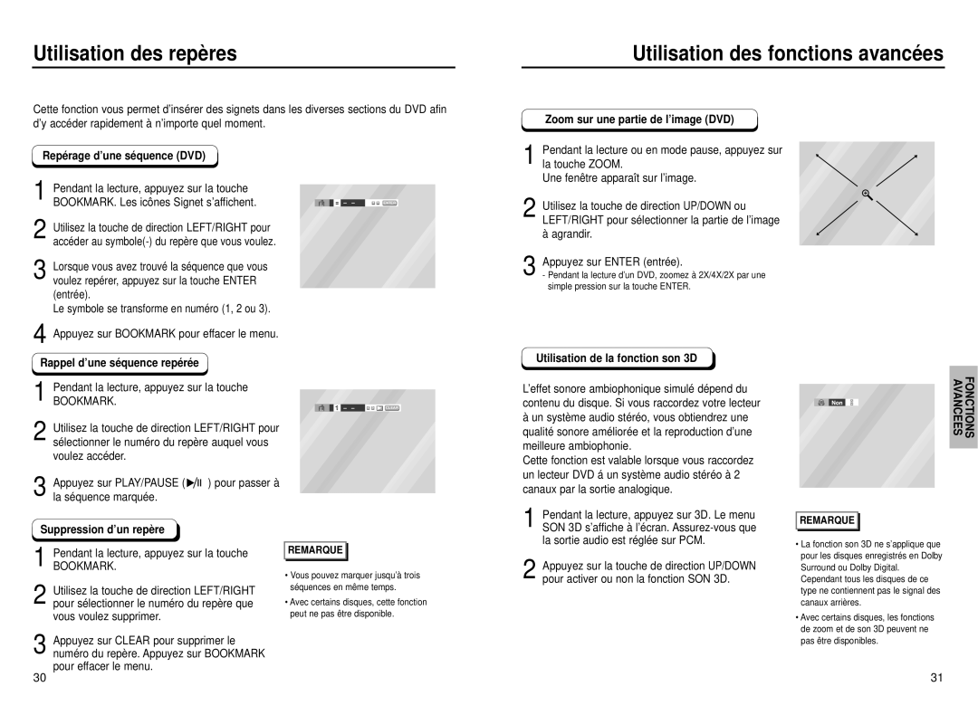 Samsung DVD-P331, DVD-P231 Utilisation des repères, Utilisation des fonctions avancé es, Rappel d’une séquence repérée 