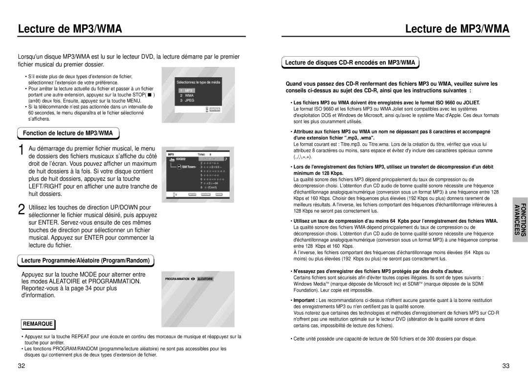 Samsung DVD-P231, DVD-P331 Lecture de MP3/WMA, Fonction de lecture de MP3/WMA, Lecture de disques CD-R encodé s en MP3/WMA 