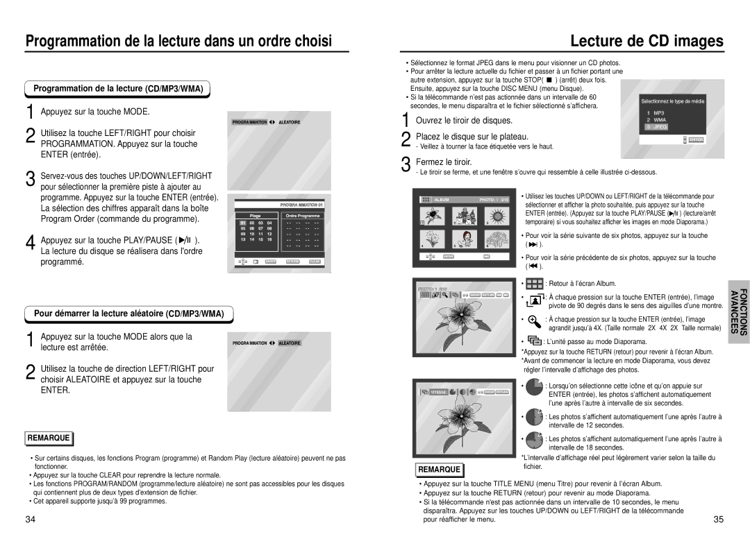 Samsung DVD-P331, DVD-P231 manual Lecture de CD images, Programmation de la lecture CD/MP3/WMA 