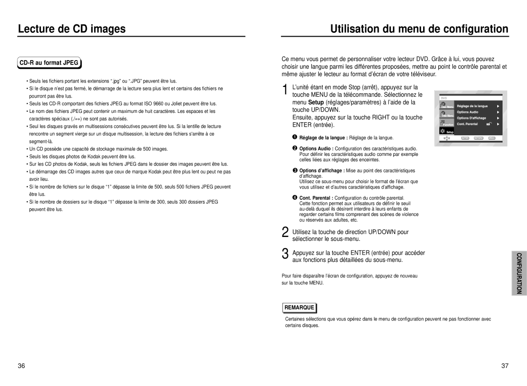 Samsung DVD-P231 Utilisation du menu de configuration, CD-R au format Jpeg, Aux fonctions plus détaillées du sous-menu 