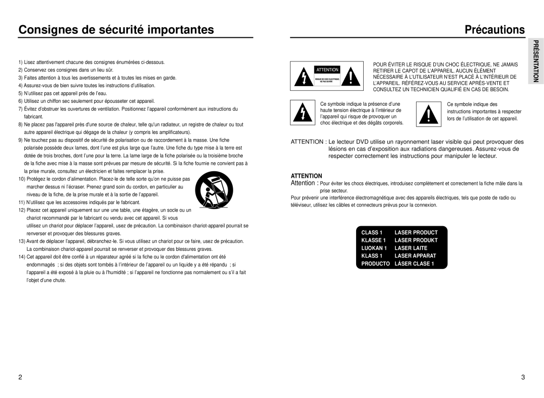 Samsung DVD-P331, DVD-P231 manual Consignes de sécurité importantes, Précautions 