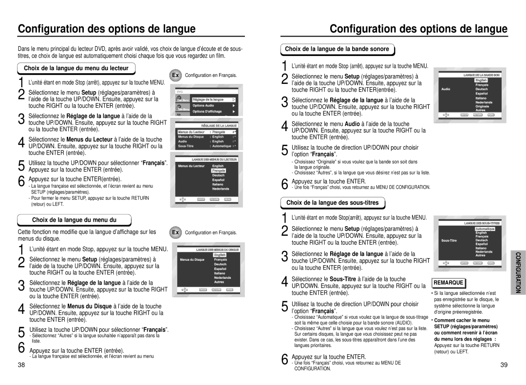 Samsung DVD-P331, DVD-P231 manual Configuration des options de langue, Comment cacher le menu, Setup ré glages/paramè tres 