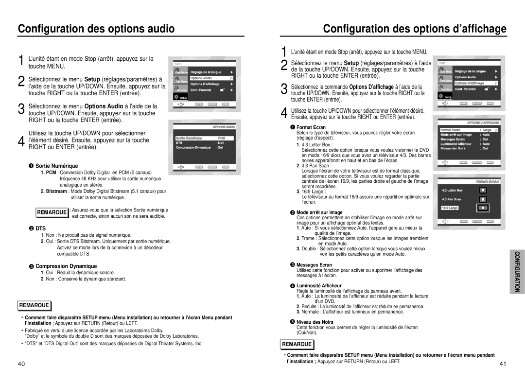 Samsung DVD-P231, DVD-P331 manual Configuration des options audio, Configuration des options d’affichage 