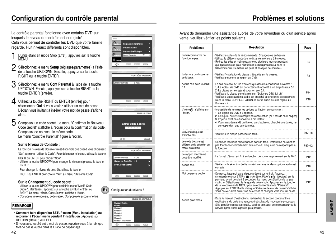 Samsung DVD-P331, DVD-P231 manual Configuration du contrô le parental Problè mes et solutions, Problè mes Ré solution 