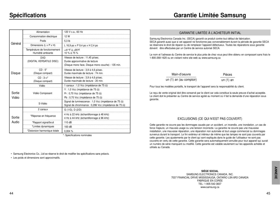 Samsung DVD-P231, DVD-P331 manual Spé cifications, Vidéo, Un 1 an au comptoir 