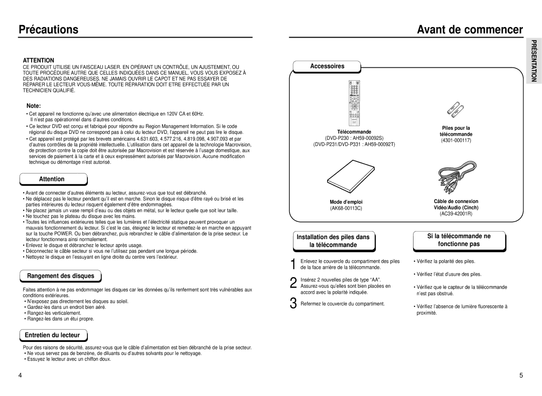 Samsung DVD-P231, DVD-P331 manual Avant de commencer 