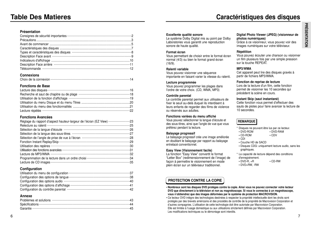 Samsung DVD-P331, DVD-P231 manual Caractéristiques des disques, Protection Contre LA Copie 