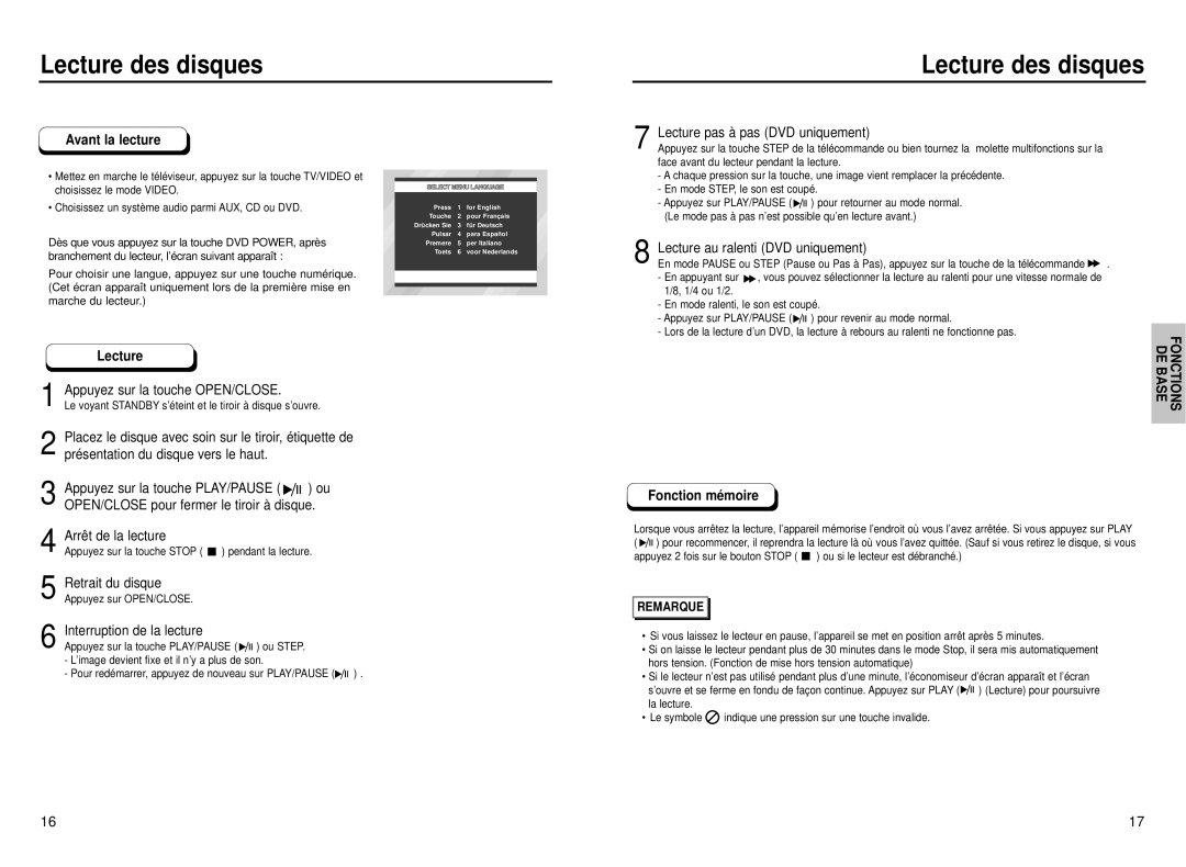 Samsung DVD-P231, DVD-P331 manual Lecture des disques, Avant la lecture, Fonction mémoire 