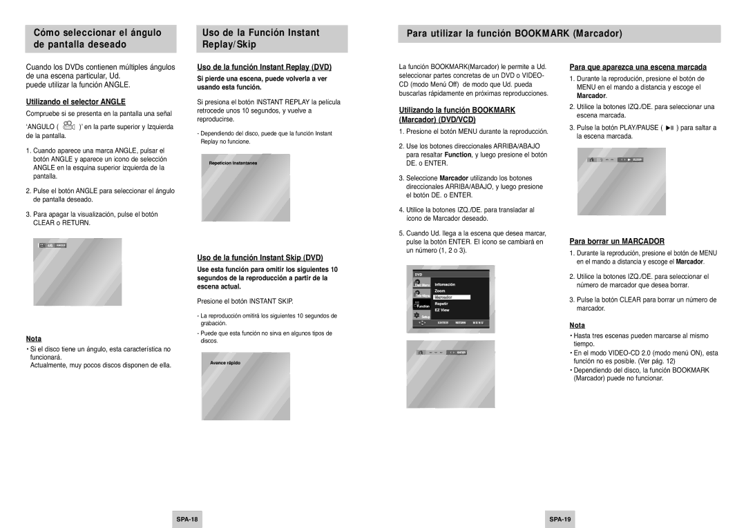 Samsung DVD-P345/XEC manual Utilizando el selector Angle, Uso de la función Instant Replay DVD, Para borrar un Marcador 
