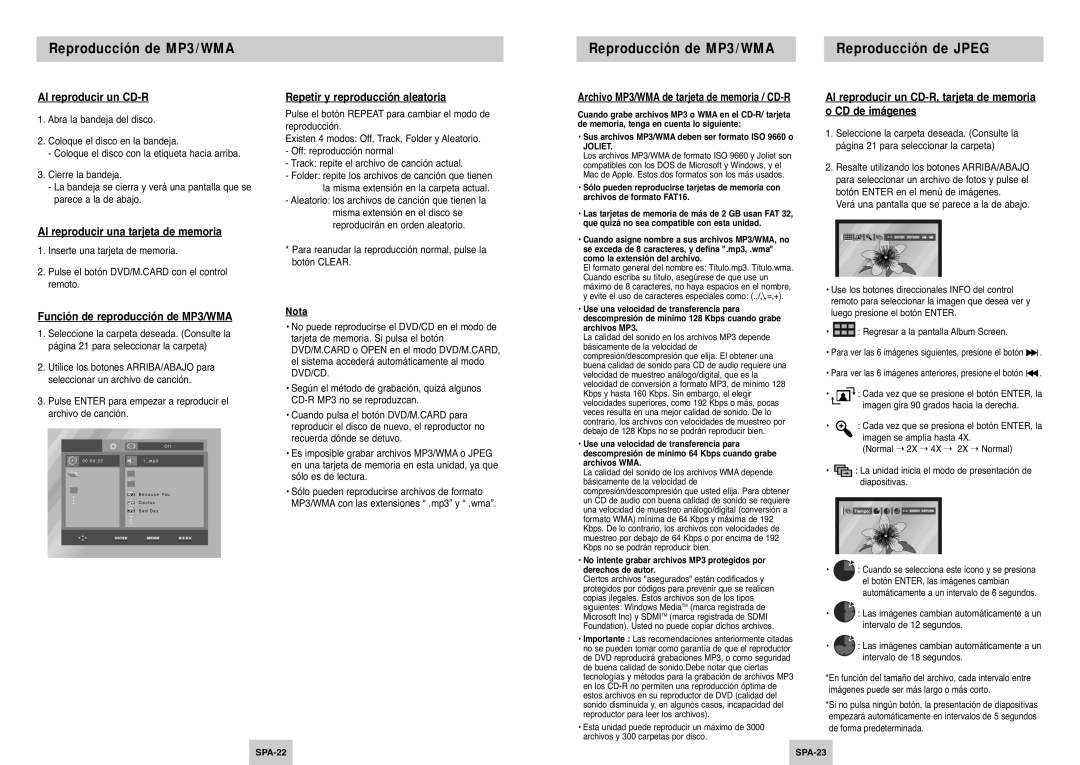 Samsung DVD-P345/XEC manual Reproducción de MP3/WMA Reproducción de Jpeg 