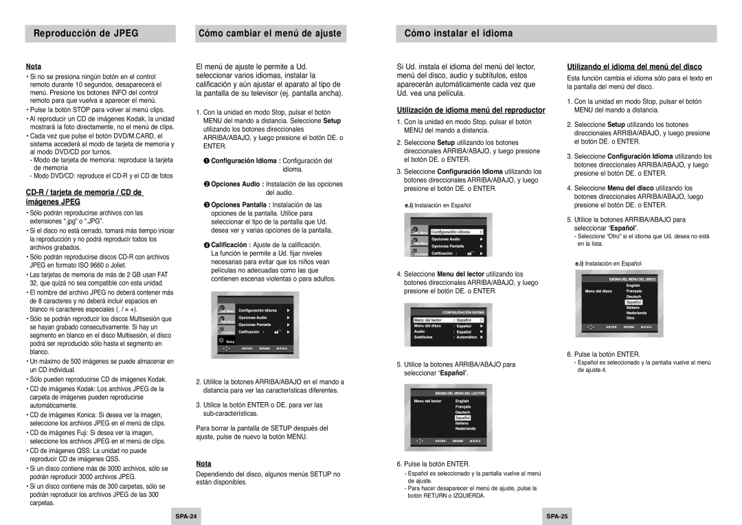 Samsung DVD-P345/XEC manual Cómo instalar el idioma, CD-R / tarjeta de memoria / CD de imágenes Jpeg 