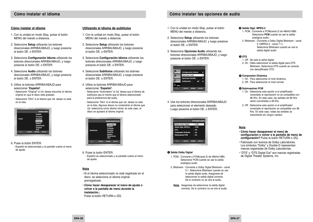 Samsung DVD-P345/XEC Cómo instalar el idioma Cómo instalar las opciones de audio, Utilizando el idioma de subtítulos, Dts 