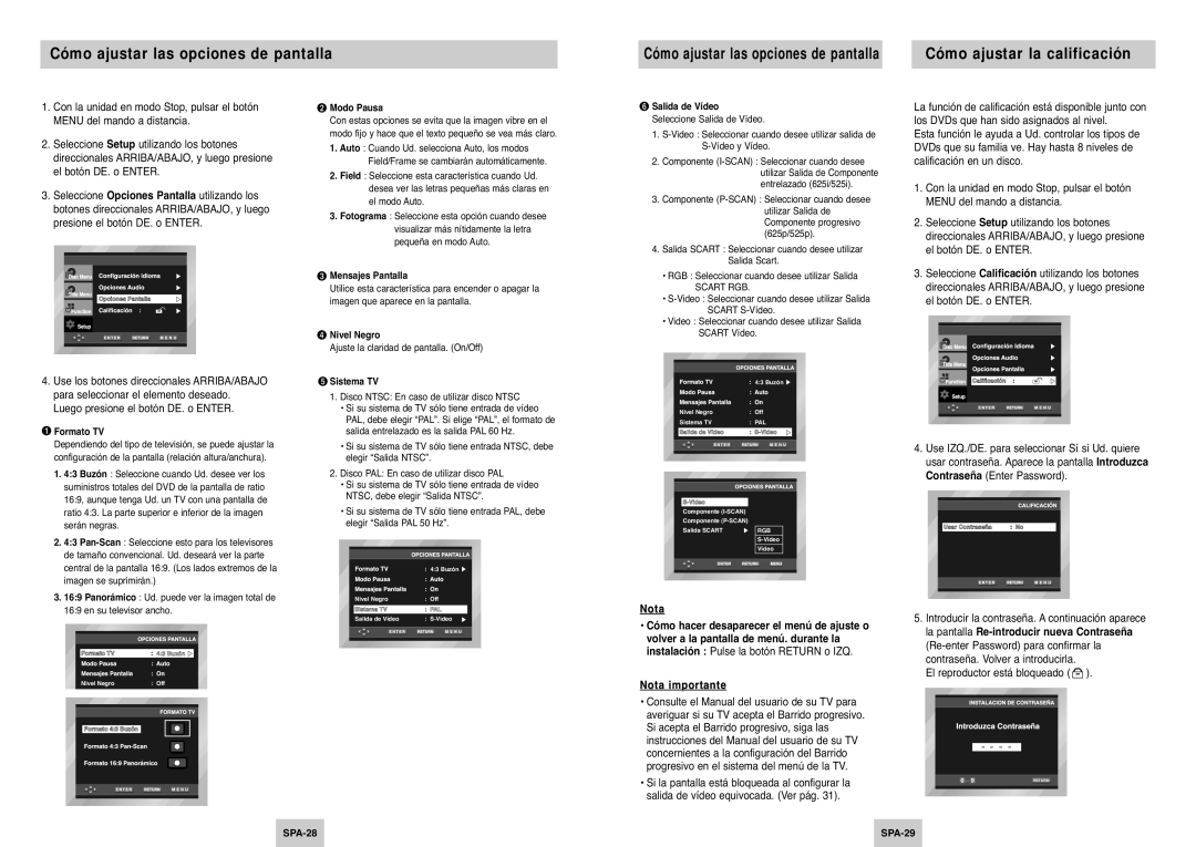 Samsung DVD-P345/XEC manual Cómo ajustar las opciones de pantalla, Cómo ajustar la calificación, Menu del mando a distancia 