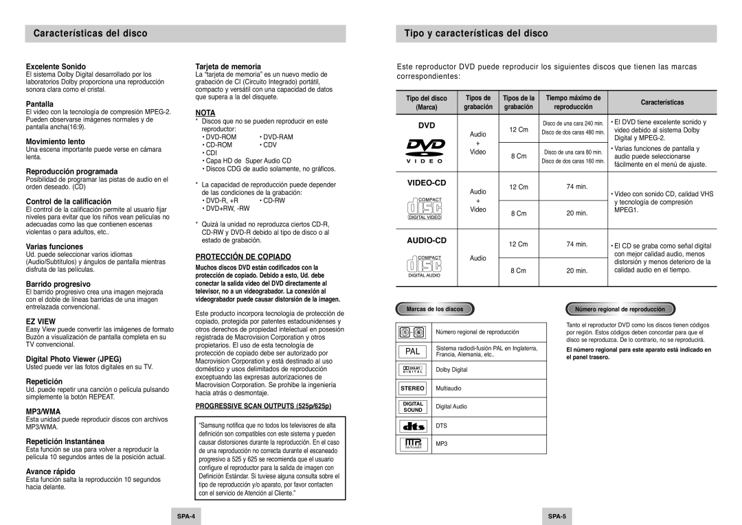 Samsung DVD-P345/XEC manual Características del disco, Tipo y características del disco 