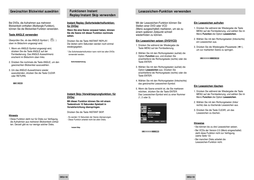 Samsung DVD-P345/XEG manual Gewünschten Blickwinkel auswählen, Lesezeichen-Funktion verwenden 