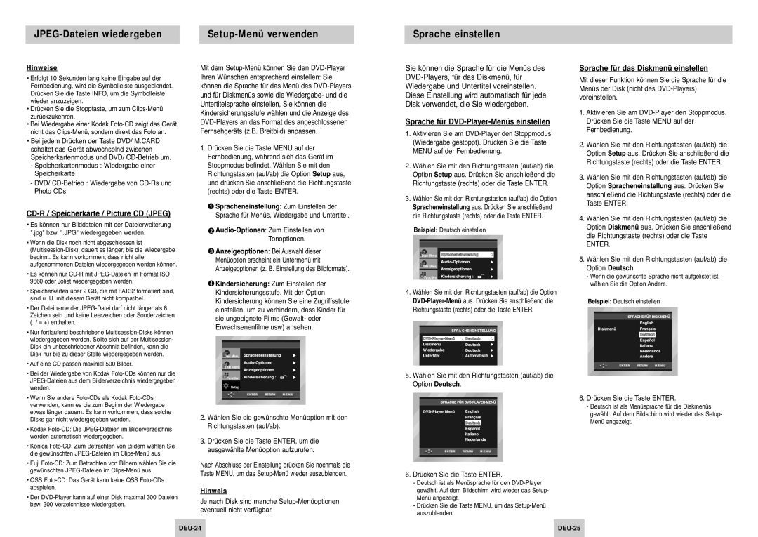 Samsung DVD-P345/XEG manual CD-R / Speicherkarte / Picture CD Jpeg, Sprache für DVD-Player-Menüs einstellen, Enter 