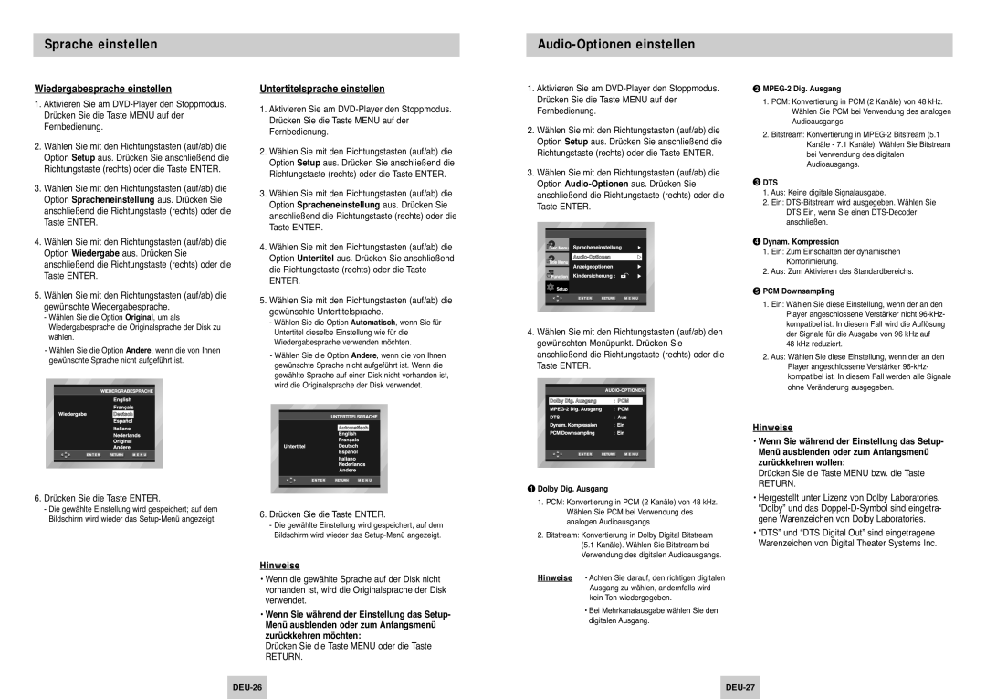 Samsung DVD-P345/XEG manual Audio-Optionen einstellen, Wiedergabesprache einstellen, Untertitelsprache einstellen, Return 