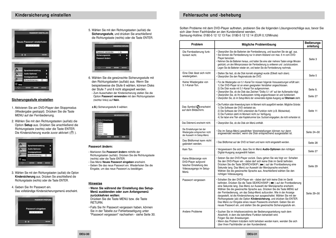 Samsung DVD-P345/XEG manual Fehlersuche und -behebung, Sicherungsstufe einstellen 