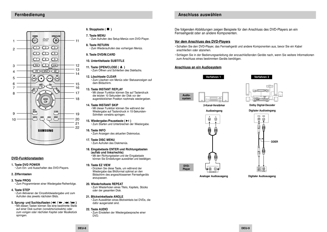 Samsung DVD-P345/XEG manual Fernbedienung, Anschluss auswählen, DVD-Funktionstasten, Vor dem Anschluss des DVD-Players 