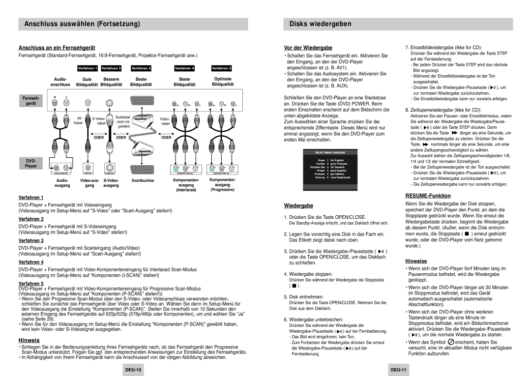 Samsung DVD-P345/XEG manual Anschluss auswählen Fortsetzung, Disks wiedergeben 