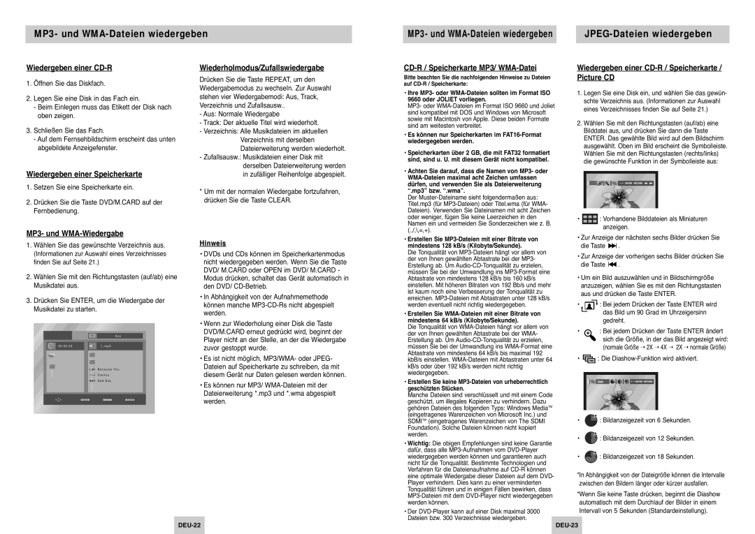 Samsung DVD-P345/XEG manual MP3- und WMA-Dateien wiedergeben, JPEG-Dateien wiedergeben 